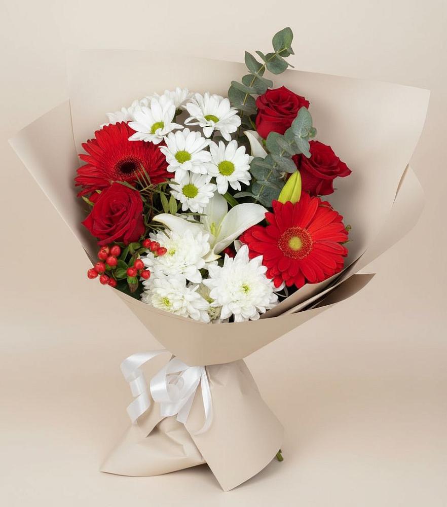 Букет цветов из: Розы, Хризантемы, Герберы и Лилии в Губдене